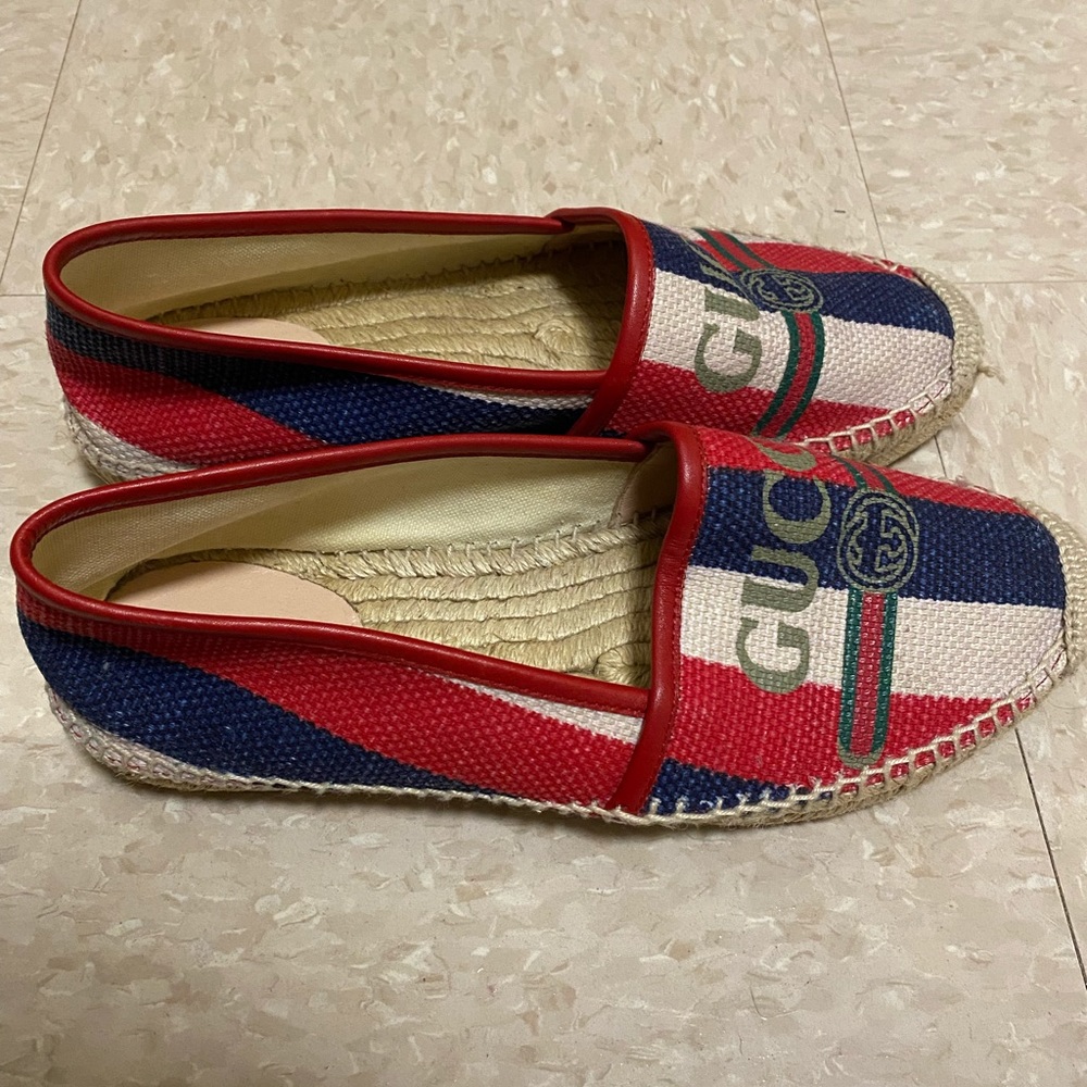 Gucci Sylvie Canvas Leather Red White Blue Logo Stripe Flat Espadrilles sz39